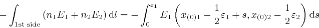 \begin{displaymath}- \int_{\mathrm{1{{st}}} \; 
\mathrm{{{side}}}} \left( n_1 E_... 
...0 \right) 2} - \frac{1}{2} 
\varepsilon_2 \right) \mathrm{d} s \end{displaymath}